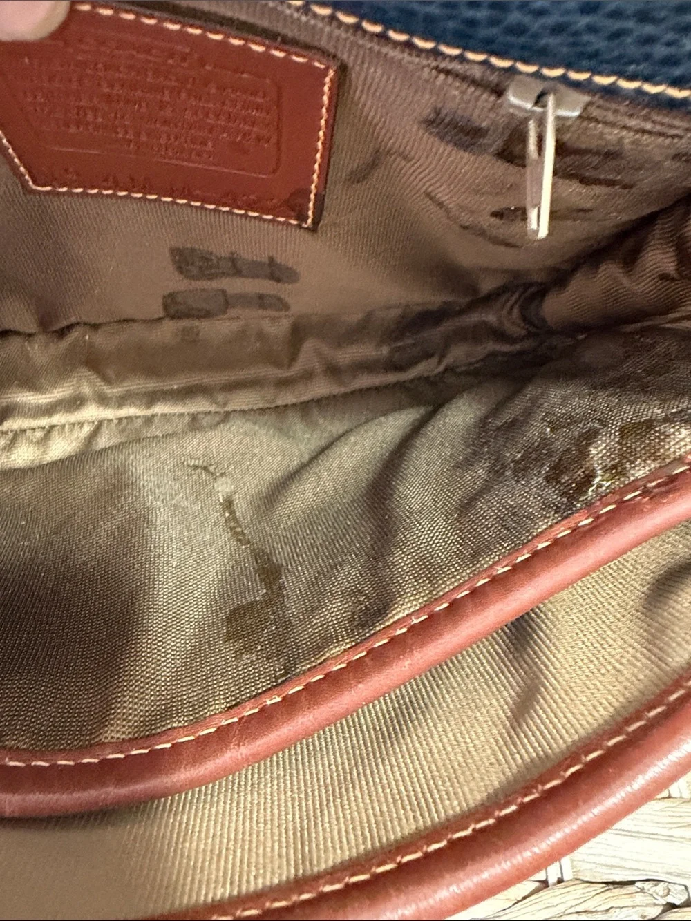 Coach Pebbled Leather Crossbody in Blue with Brown Trim